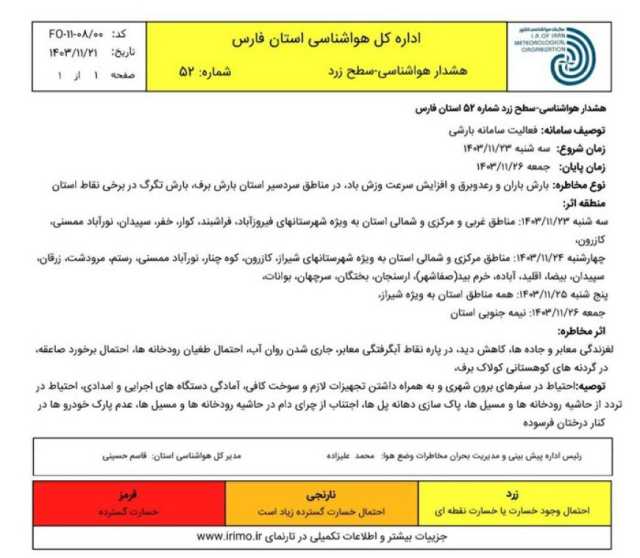 ورود سامانه جدید بارشی به فارس از روز سه شنبه